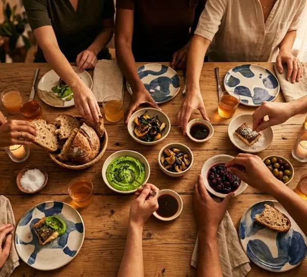 Esperienza sensoriale gastronomica con ospiti intorno a un tavolo elegante
