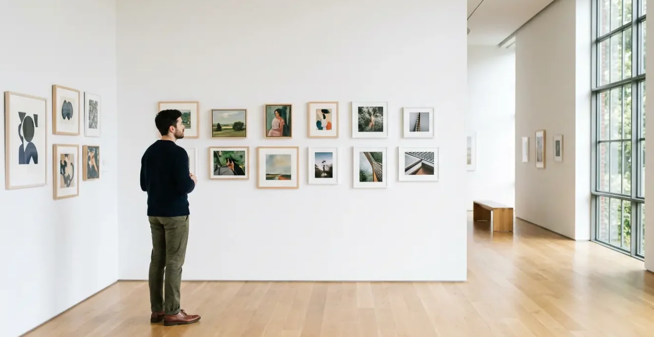 Giovane collezionista in galleria d'arte contemporanea con opere accessibili sotto i 1000 euro