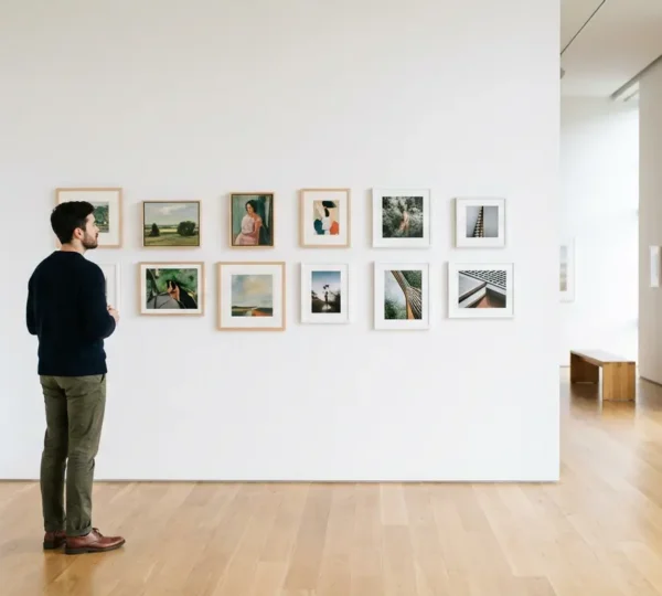 Giovane collezionista in galleria d'arte contemporanea con opere accessibili sotto i 1000 euro