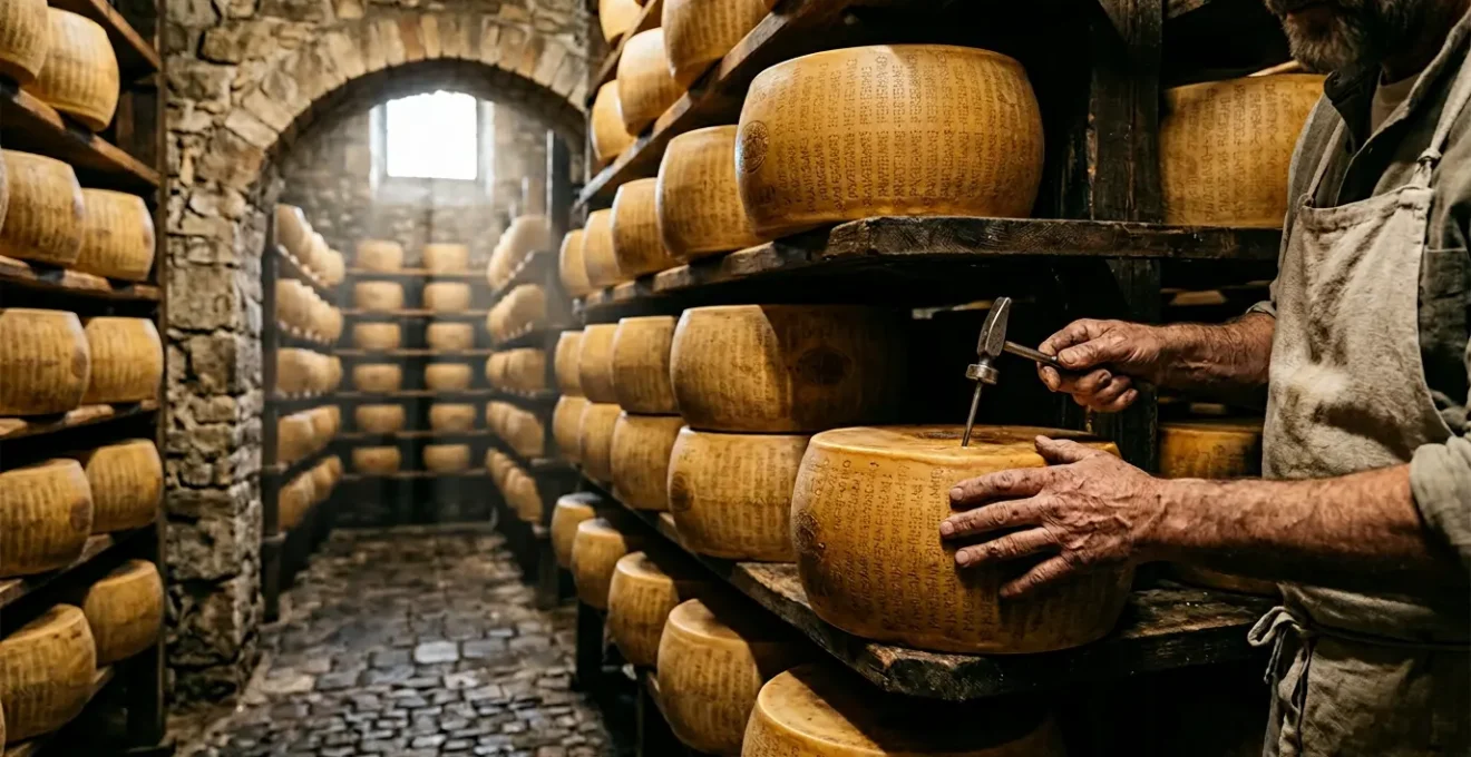 Forma di formaggio DOP italiano con marchio di certificazione e prodotti agricoli autentici