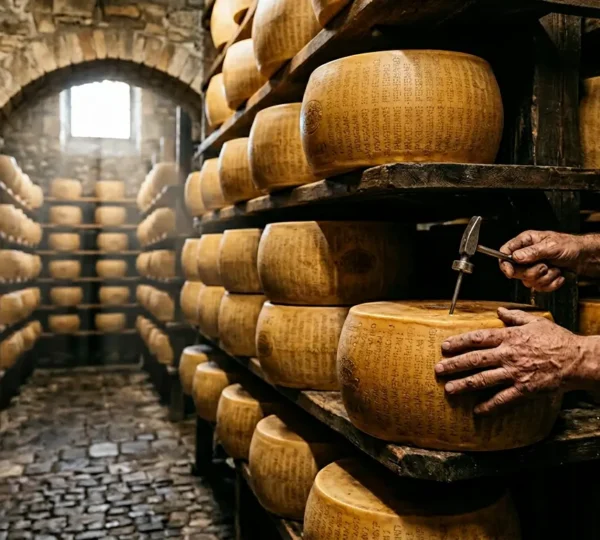 Forma di formaggio DOP italiano con marchio di certificazione e prodotti agricoli autentici