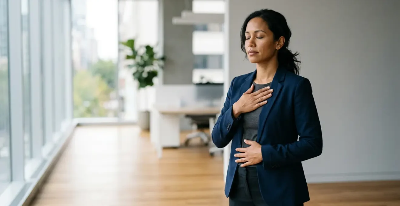 Persona in posizione eretta che pratica la respirazione diaframmatica con una mano sul petto