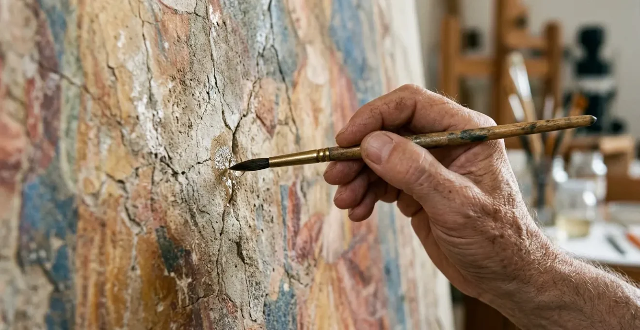 Mano esperta del restauratore che applica delicatamente un consolidante su un affresco antico con pennello sottile