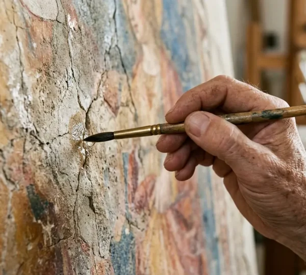 Mano esperta del restauratore che applica delicatamente un consolidante su un affresco antico con pennello sottile