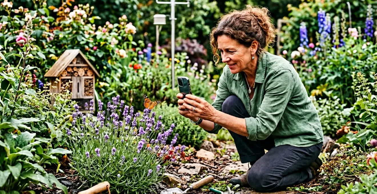 Persona in giardino che fotografa una farfalla con smartphone per catalogare la biodiversità