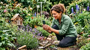 Persona in giardino che fotografa una farfalla con smartphone per catalogare la biodiversità