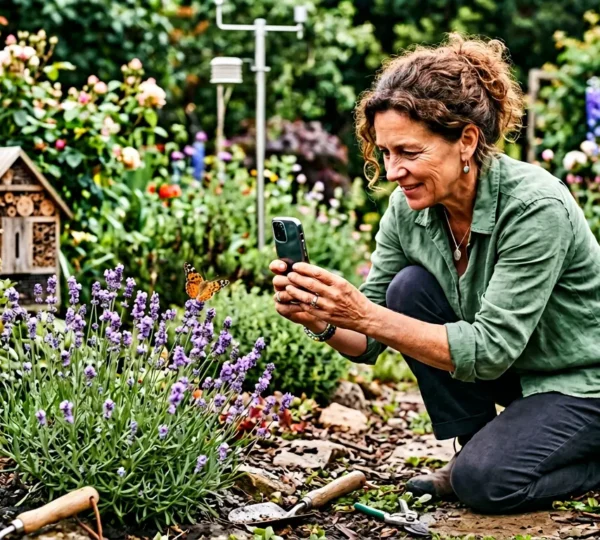 Persona in giardino che fotografa una farfalla con smartphone per catalogare la biodiversità
