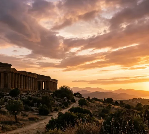 Vista panoramica dei templi dorici di Paestum al tramonto con la Magna Grecia sullo sfondo