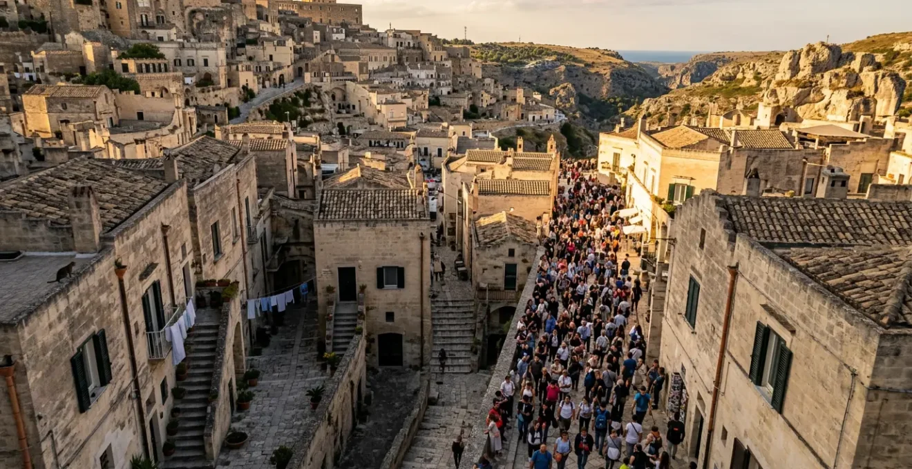 Vista aerea di una città patrimonio UNESCO italiana affollata di turisti durante l'ora di punta