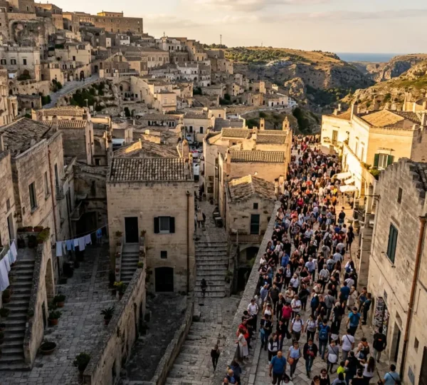 Vista aerea di una città patrimonio UNESCO italiana affollata di turisti durante l'ora di punta