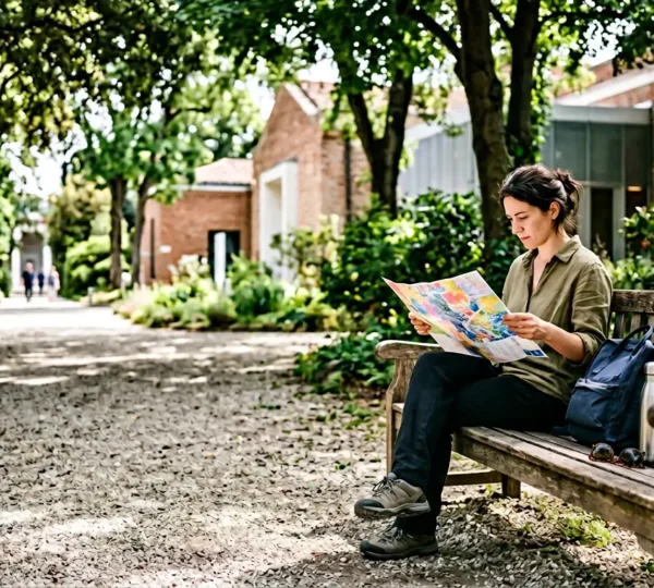 Visitatore che studia una mappa della Biennale di Venezia seduto su una panchina all'ombra dei Giardini