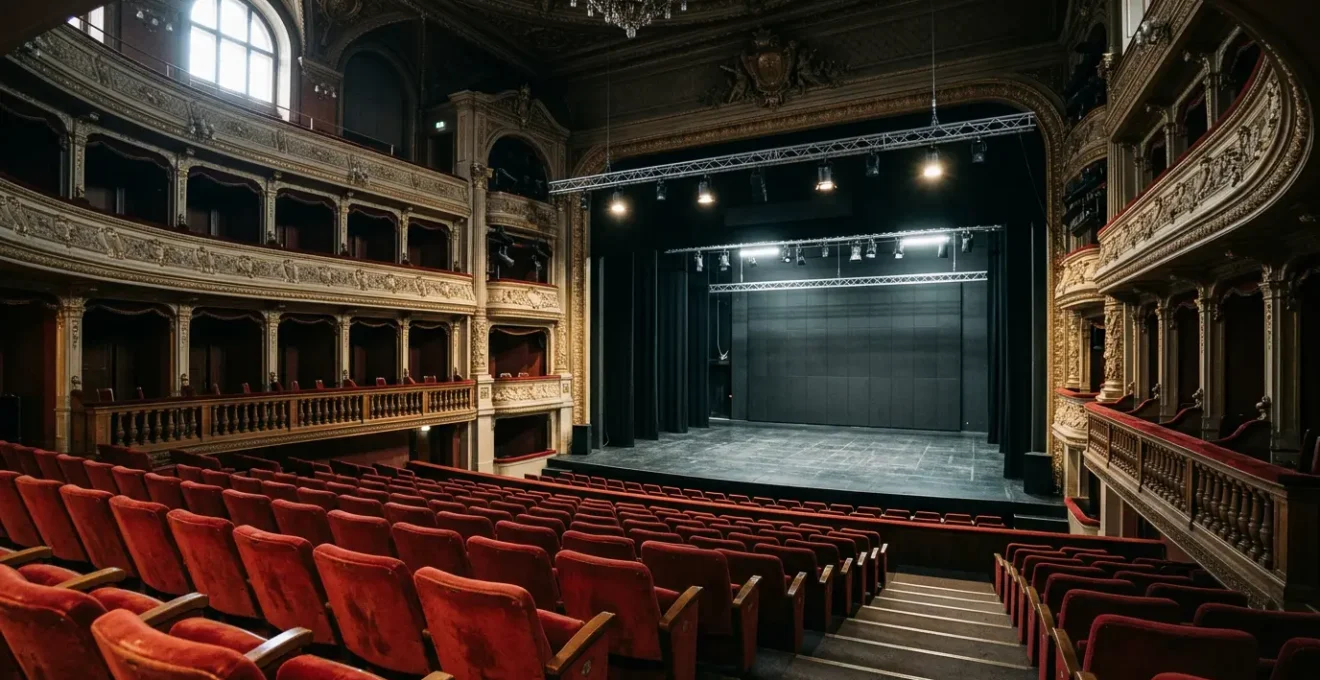 Spettatori in un teatro contemporaneo con architettura moderna e gioco di luci suggestivo
