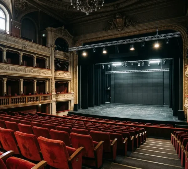 Spettatori in un teatro contemporaneo con architettura moderna e gioco di luci suggestivo