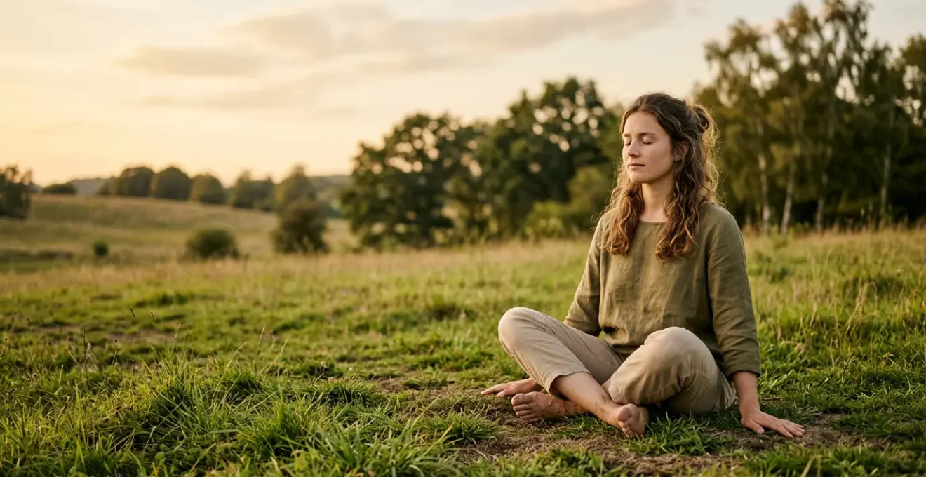 Persona che pratica tecniche di grounding per fermare un attacco di panico attraverso il contatto sensoriale con l'ambiente