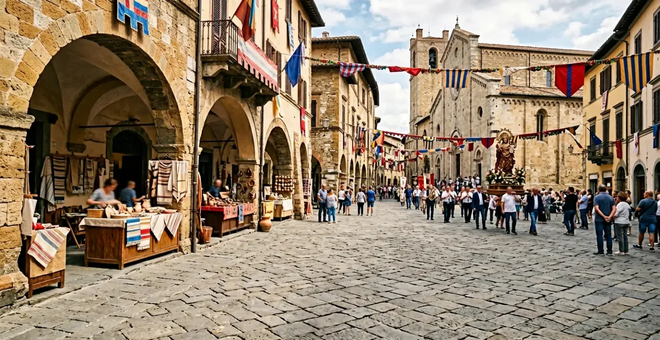 Vista panoramica di una festa patronale italiana con artigiani al lavoro e celebrazioni tradizionali