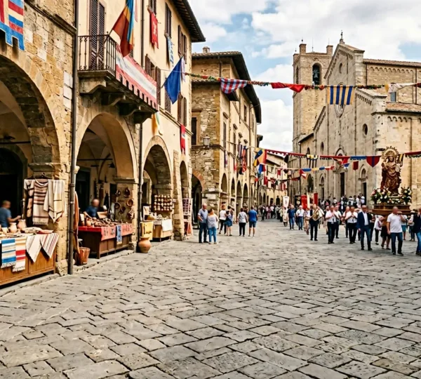 Vista panoramica di una festa patronale italiana con artigiani al lavoro e celebrazioni tradizionali