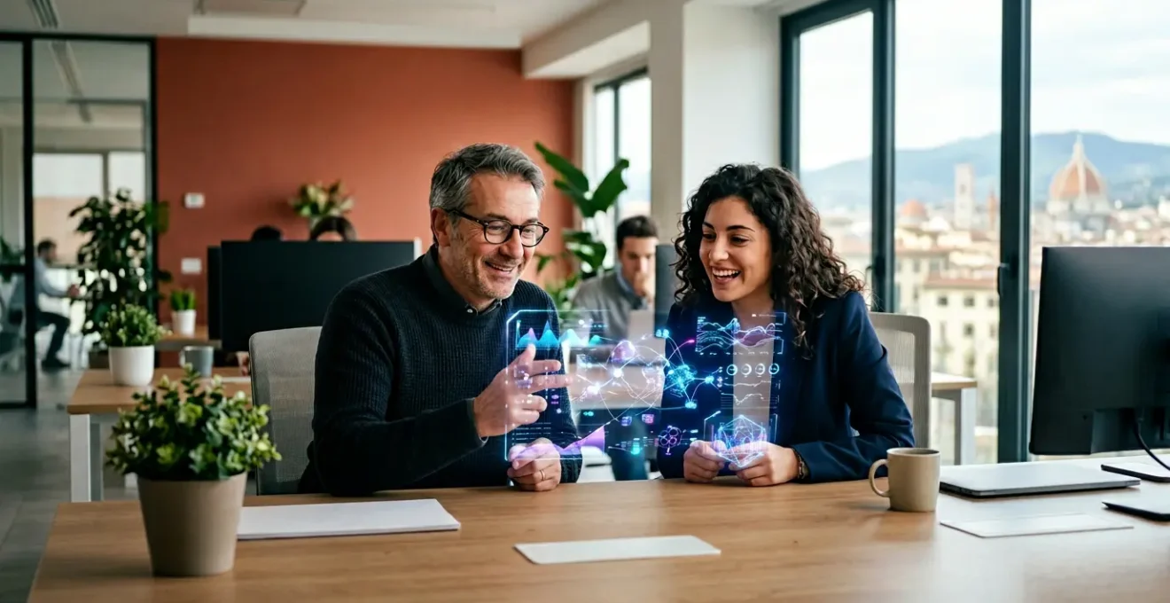 Ambiente di lavoro moderno con dipendenti che collaborano attraverso strumenti digitali e automazioni