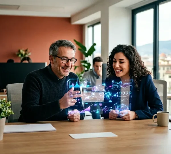 Ambiente di lavoro moderno con dipendenti che collaborano attraverso strumenti digitali e automazioni