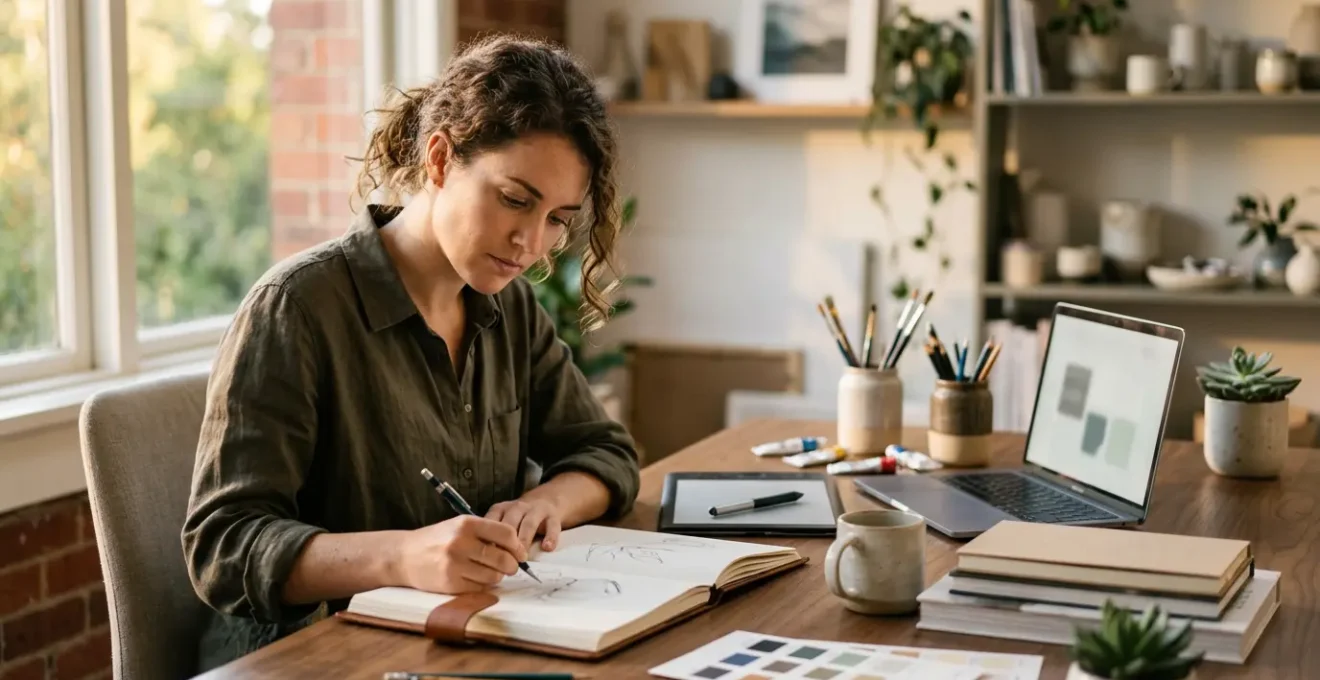 Professionista creativo al lavoro nel suo studio luminoso con strumenti digitali e analogici