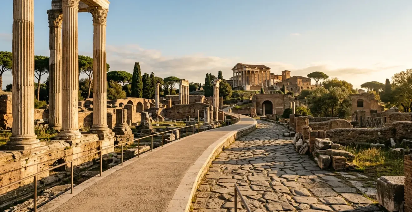 Vista panoramica accessibile dei siti archeologici italiani con rampe e percorsi facilitati