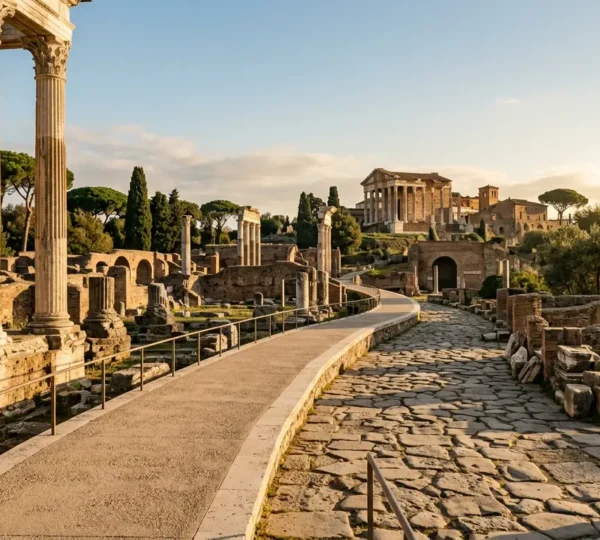 Vista panoramica accessibile dei siti archeologici italiani con rampe e percorsi facilitati