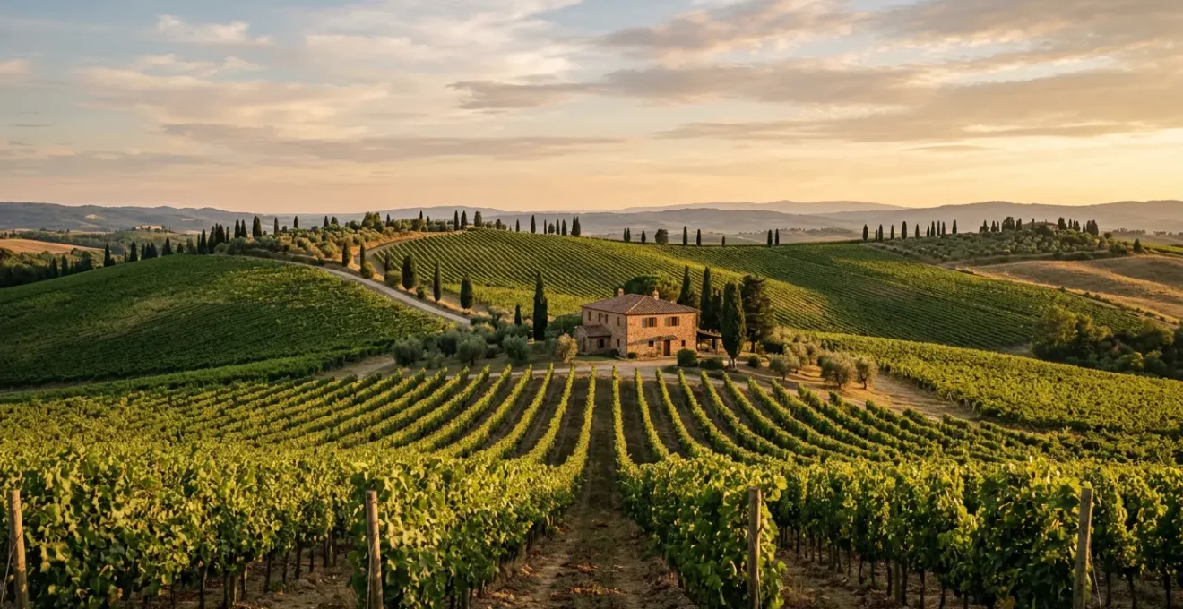Vigneti toscani al tramonto con colline ondulate e cipressi