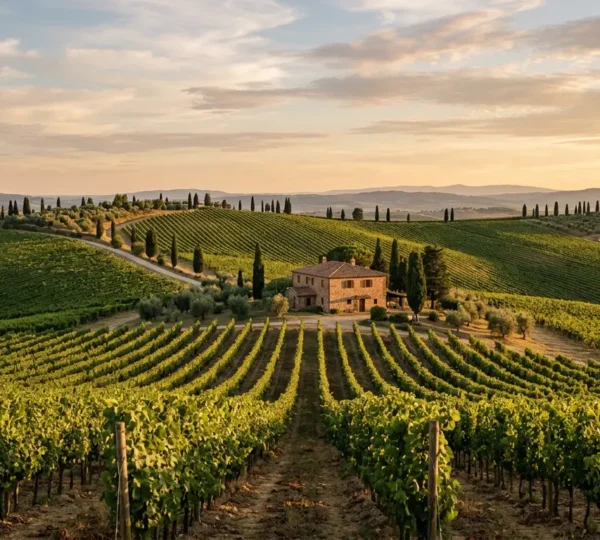 Vigneti toscani al tramonto con colline ondulate e cipressi