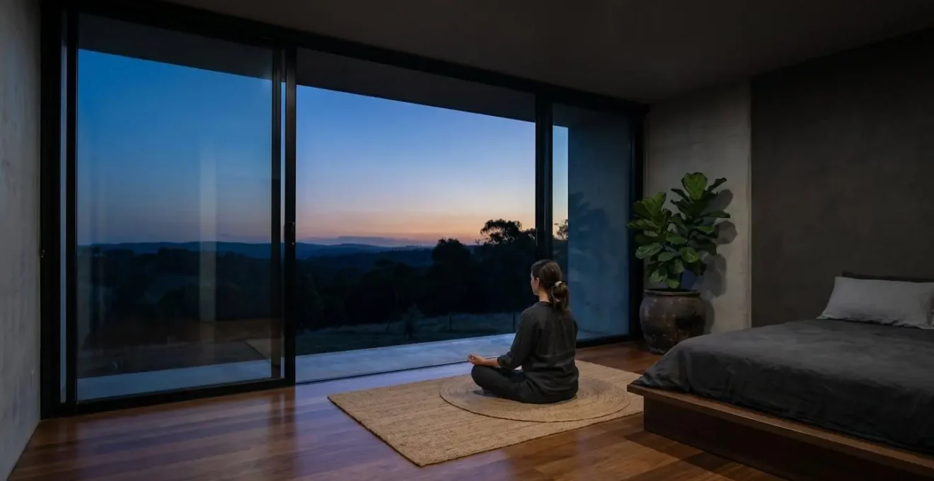 Camera da letto minimalista con persona seduta in posizione meditativa al crepuscolo