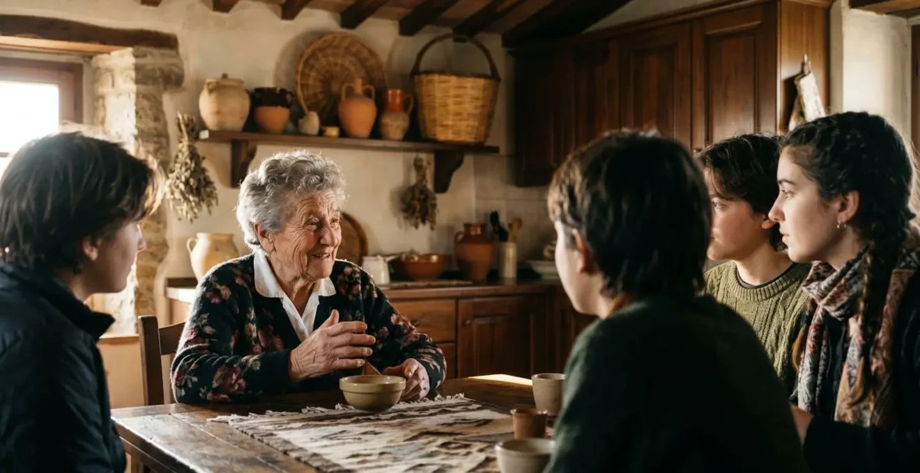 Nonna che condivide storie e canti tradizionali con i nipoti in una casa rurale italiana