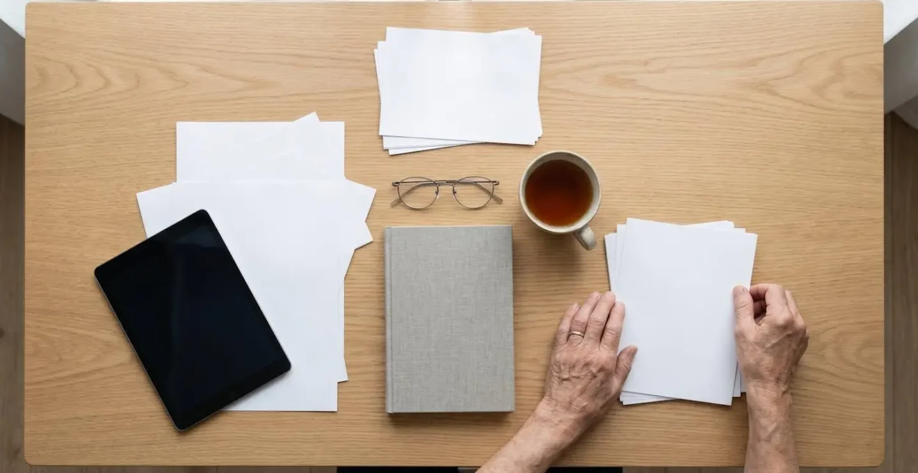 Vista dall'alto di una scrivania ordinata con documenti cartacei accanto a un tablet, mani anziane che organizzano con calma