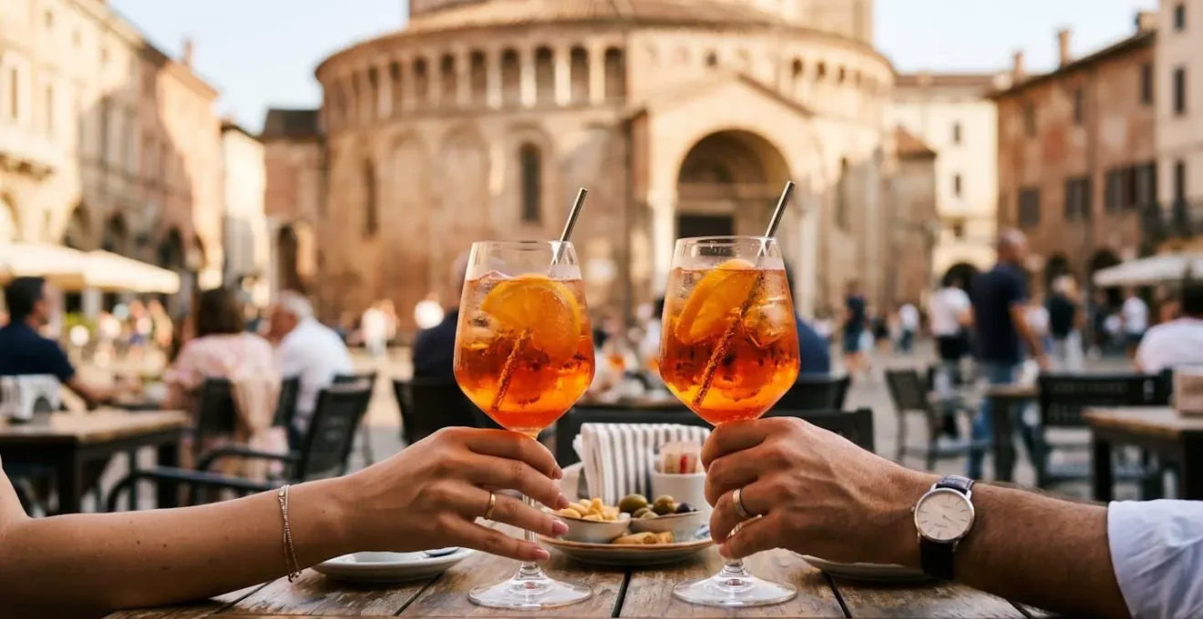 Terrazza di caffè in Piazza delle Erbe a Mantova con vista sulla Rotonda di San Lorenzo