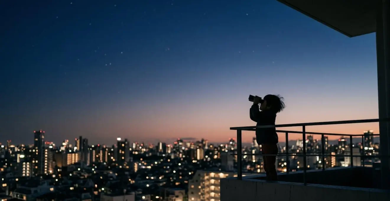 Bambino con binocolo osserva il cielo stellato dal balcone di casa al crepuscolo