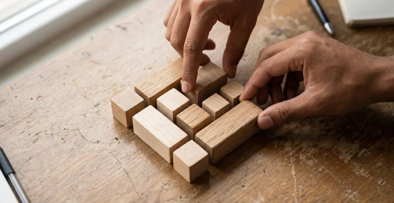 Metafora del bilanciamento del carico di lavoro, con delle mani che distribuiscono equamente dei blocchi di legno su una scrivania.