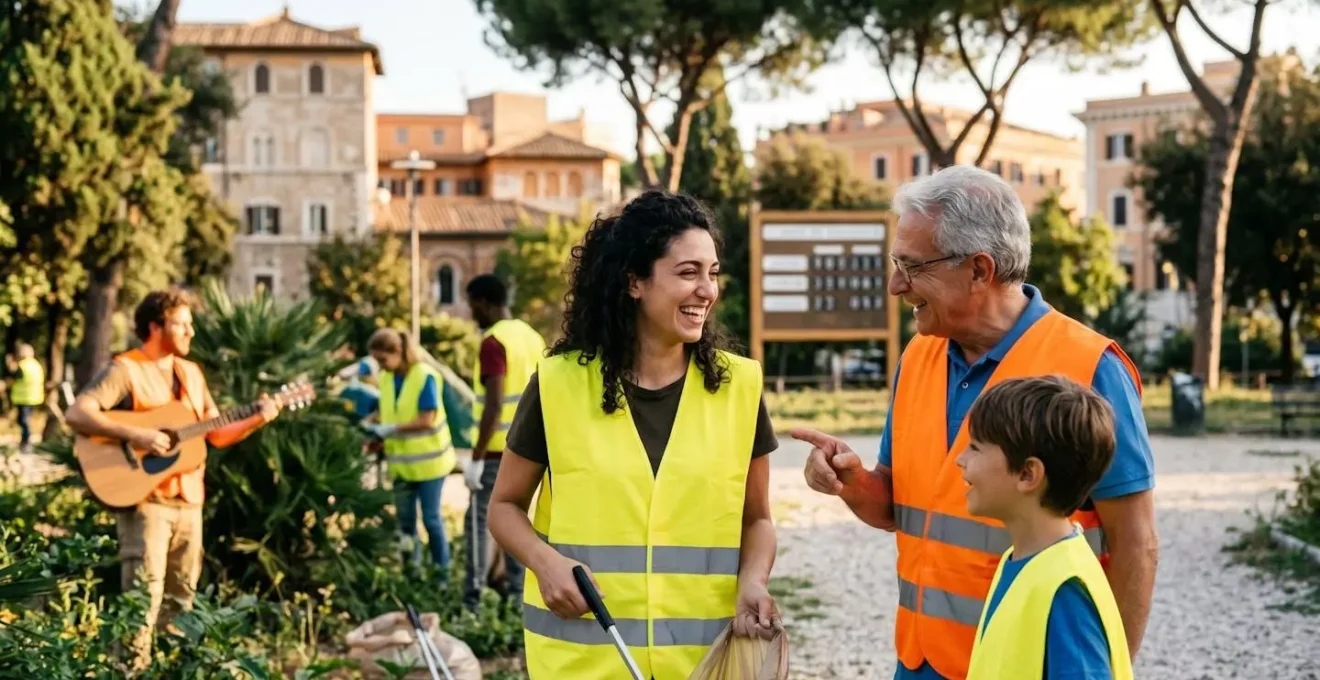 Volontari con pettorine colorate durante pulizia urbana con elementi di gioco e musica