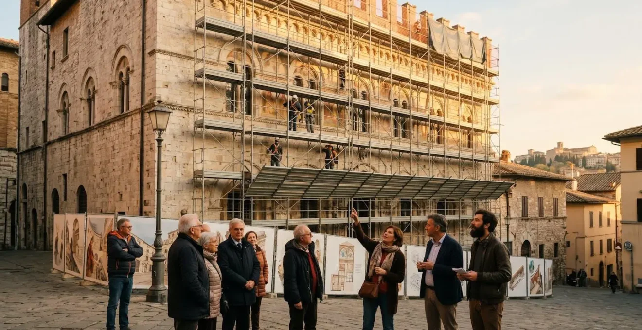 Gruppo di cittadini e imprenditori locali osserva i lavori di restauro di un palazzo storico nel centro cittadino