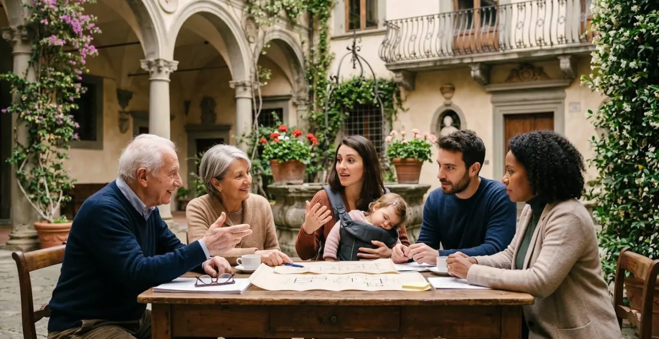 Assemblea condominiale in cortile interno di palazzo storico italiano mentre discutono progetti di riqualificazione