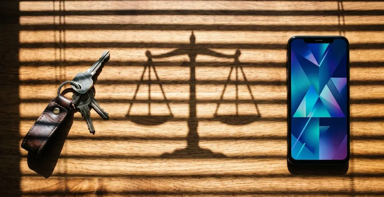Composizione simbolica con chiavi auto e smartphone su tavolo di legno