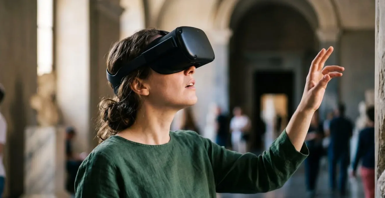 Persona che esplora ricostruzione virtuale di ambiente romano antico