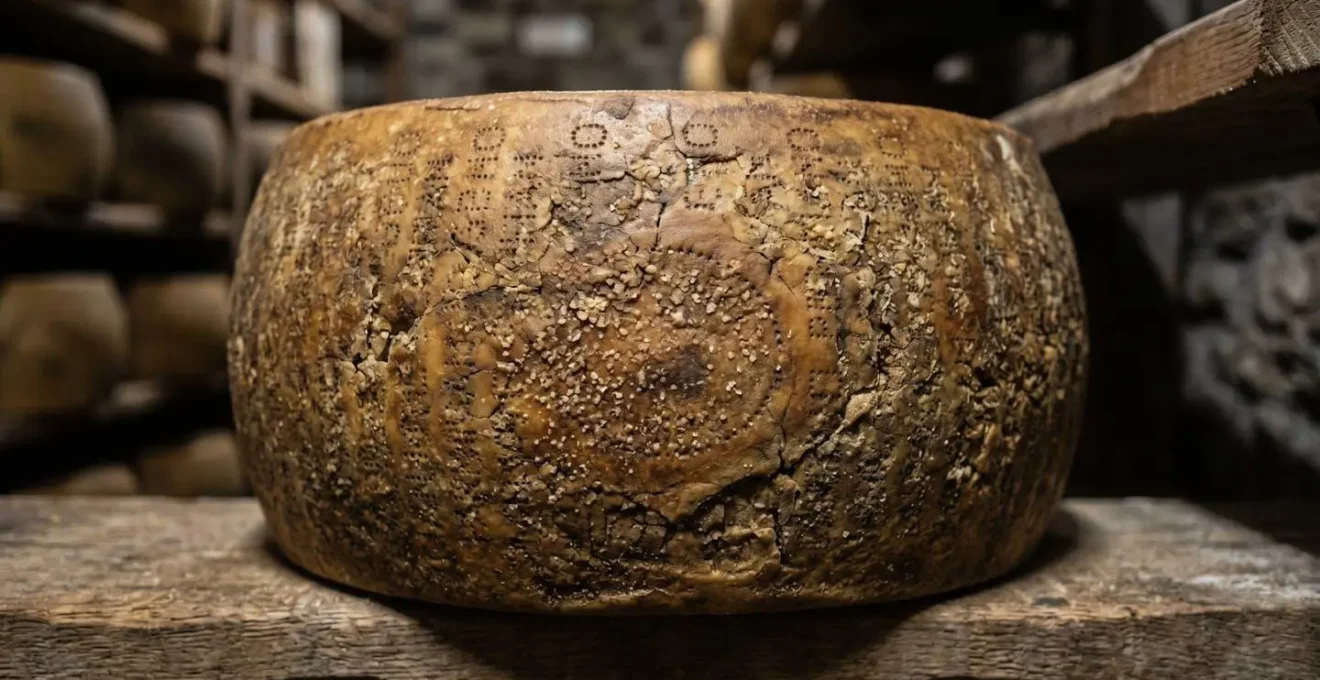 Forme di formaggio autentico italiano stagionato in cantina tradizionale con dettagli macro delle texture
