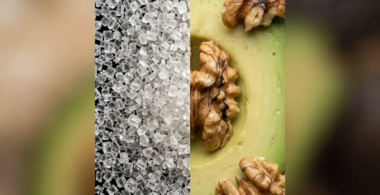 Confronto visivo tra l'energia caotica di uno snack dolce e quella stabile dei grassi sani per il focus mentale
