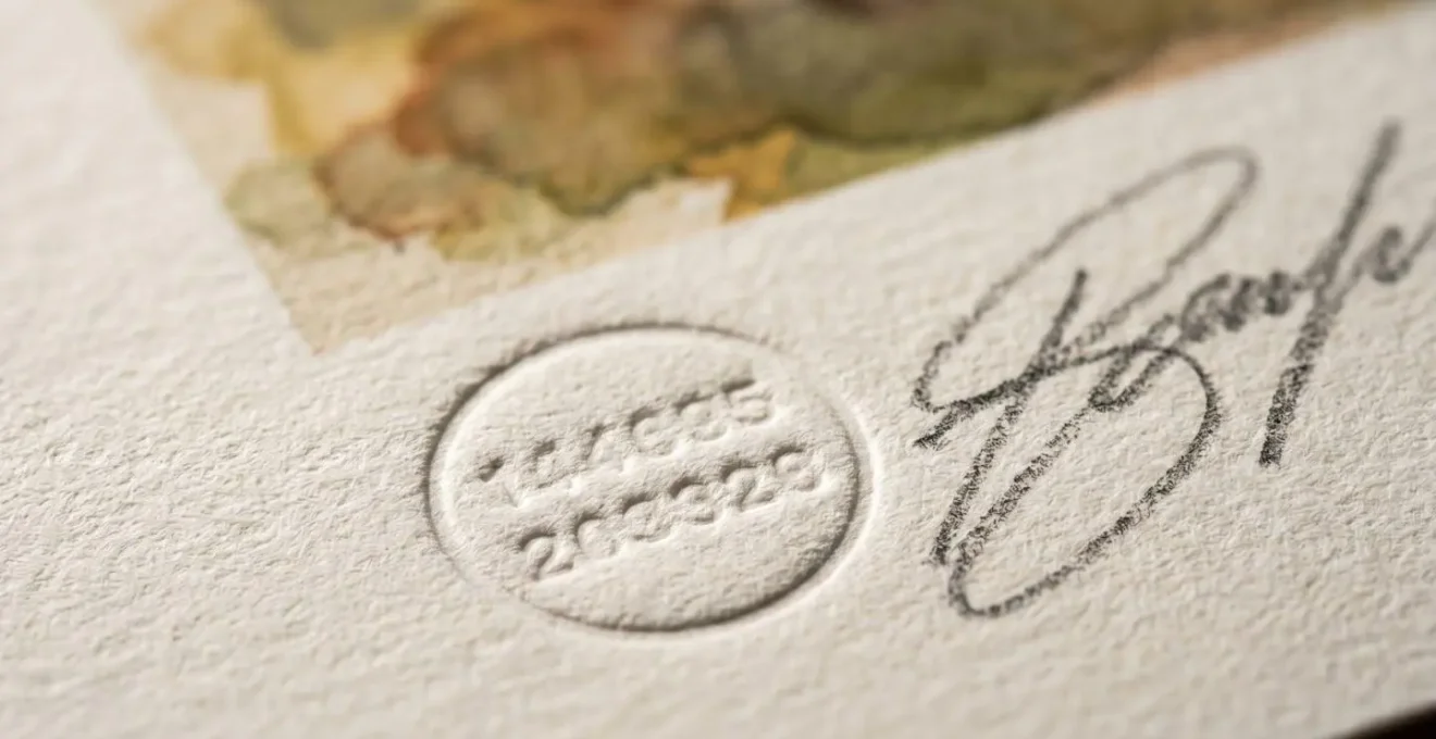 Dettaglio ravvicinato di firma e numerazione su stampa d'autore di qualità