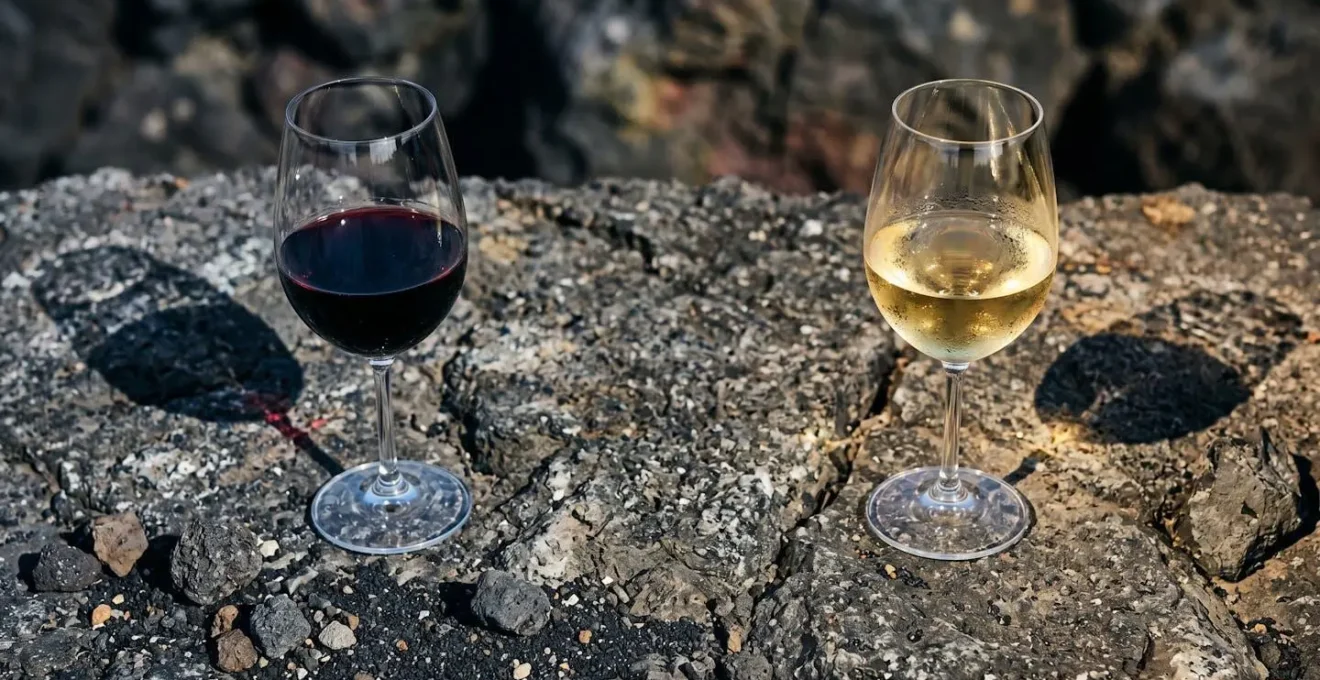 Calici di vino rosso e bianco con mappe topografiche dei versanti dell'Etna
