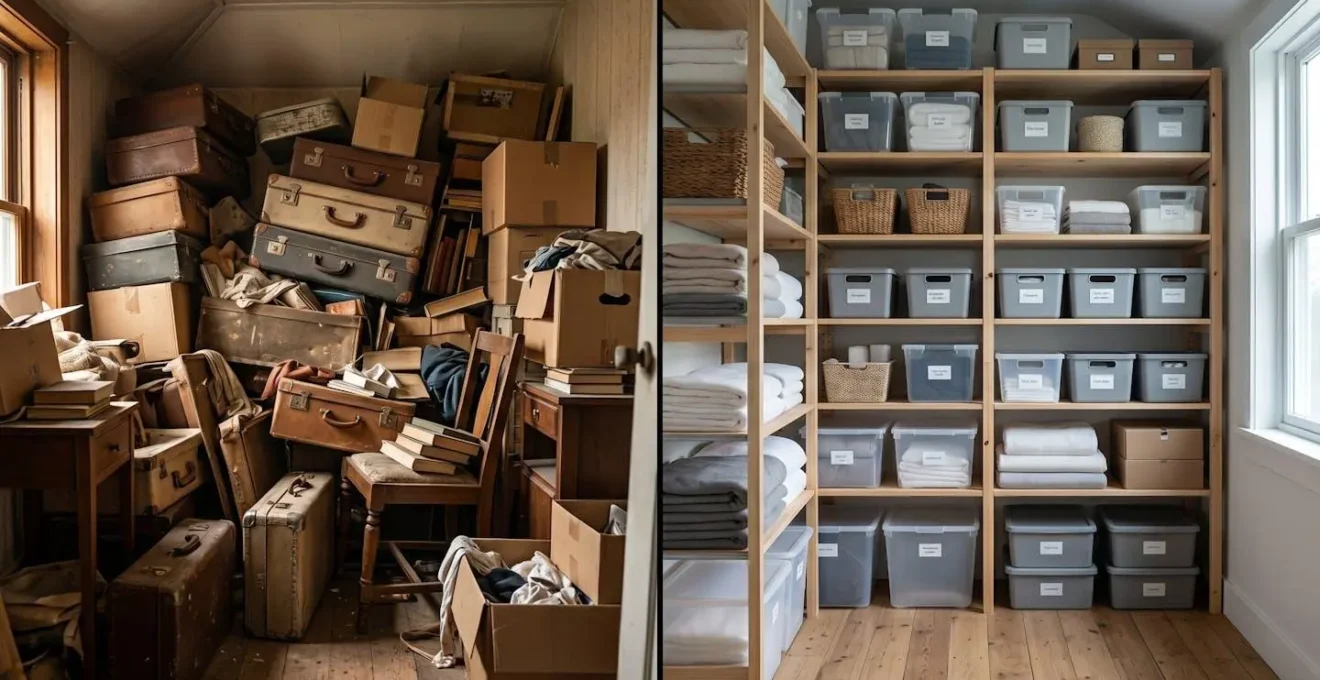 Confronto fotografico tra stanza piena di oggetti e stessa stanza organizzata con sistema di storage