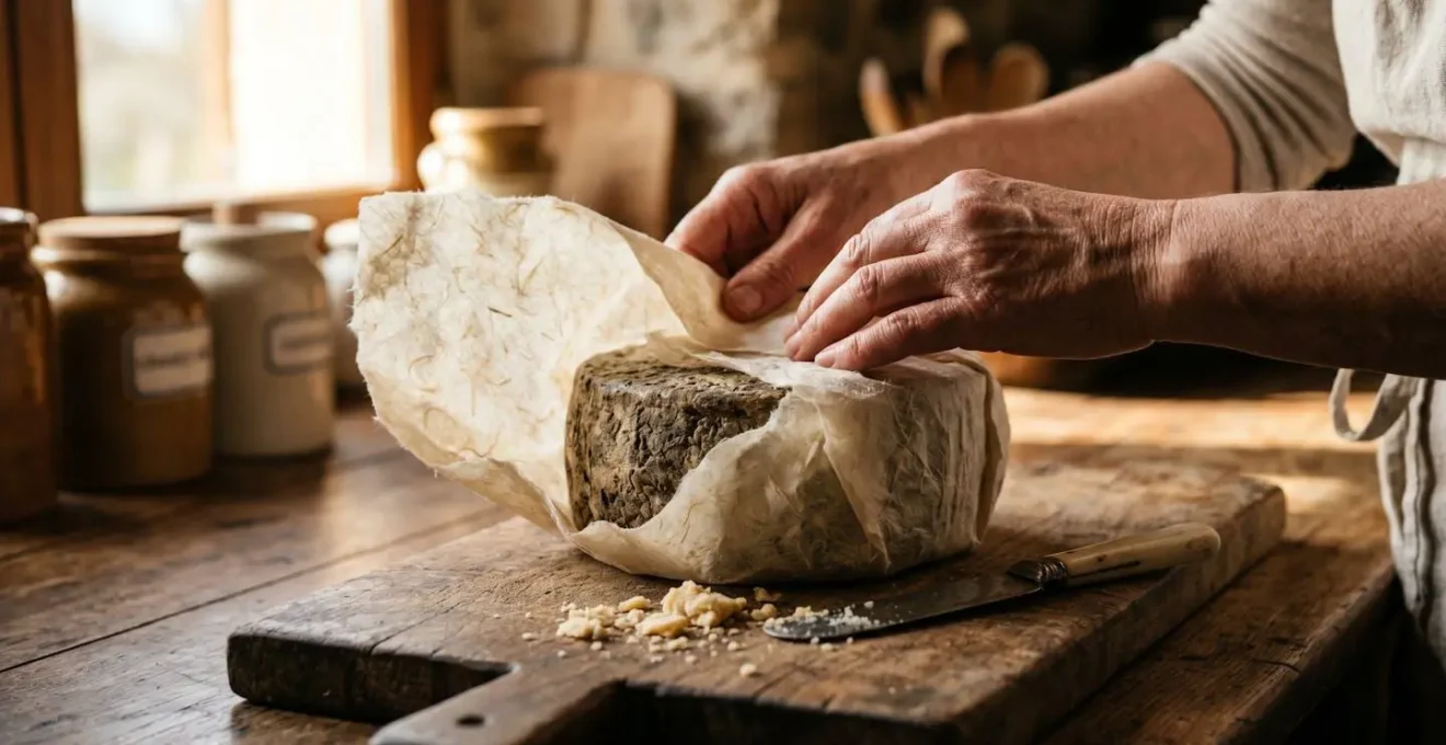 Formaggio artigianale avvolto nella carta oleata con texture naturali
