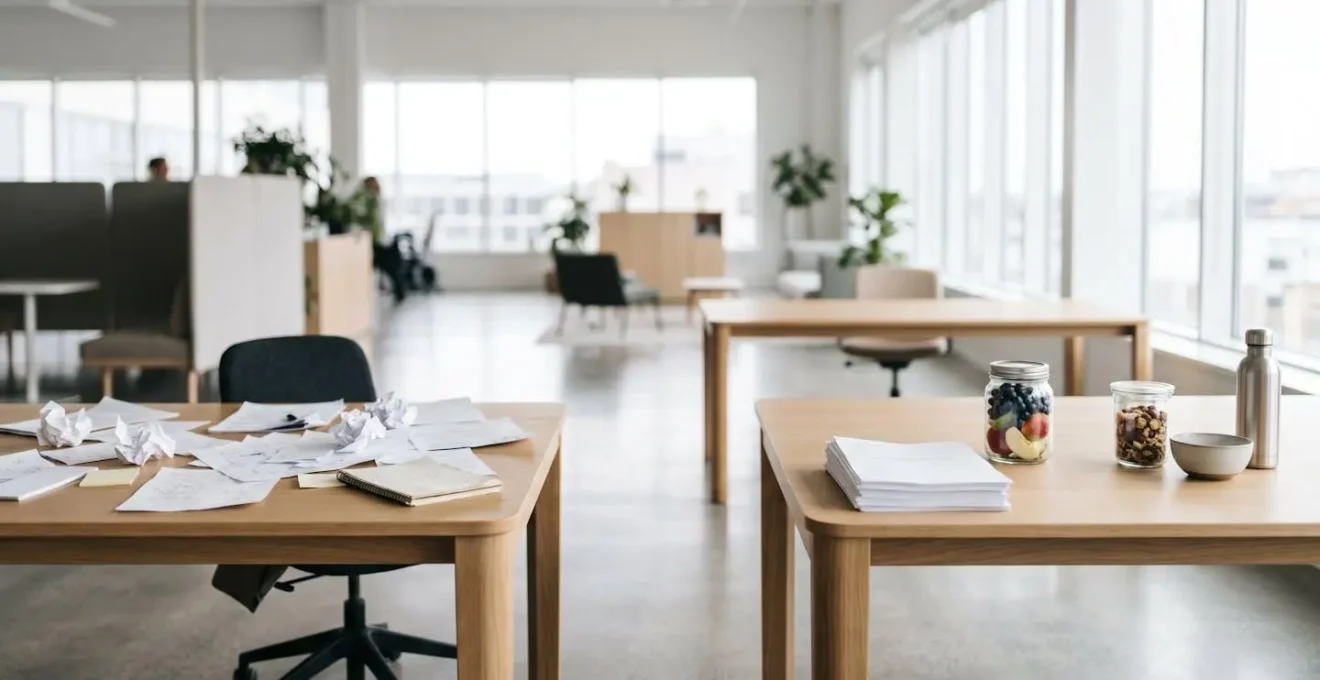 Contrasto tra un ufficio caotico per aver saltato il pranzo e uno organizzato con snack sani preparati