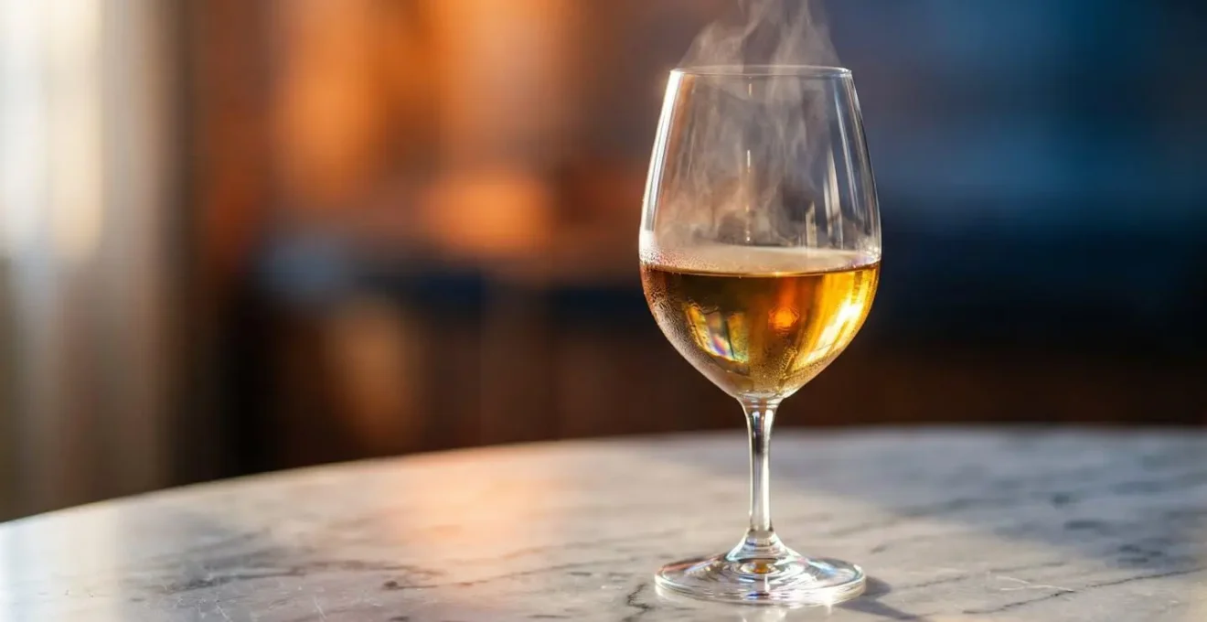 Calice di vino bianco complesso con condensazione che mostra evoluzione termica