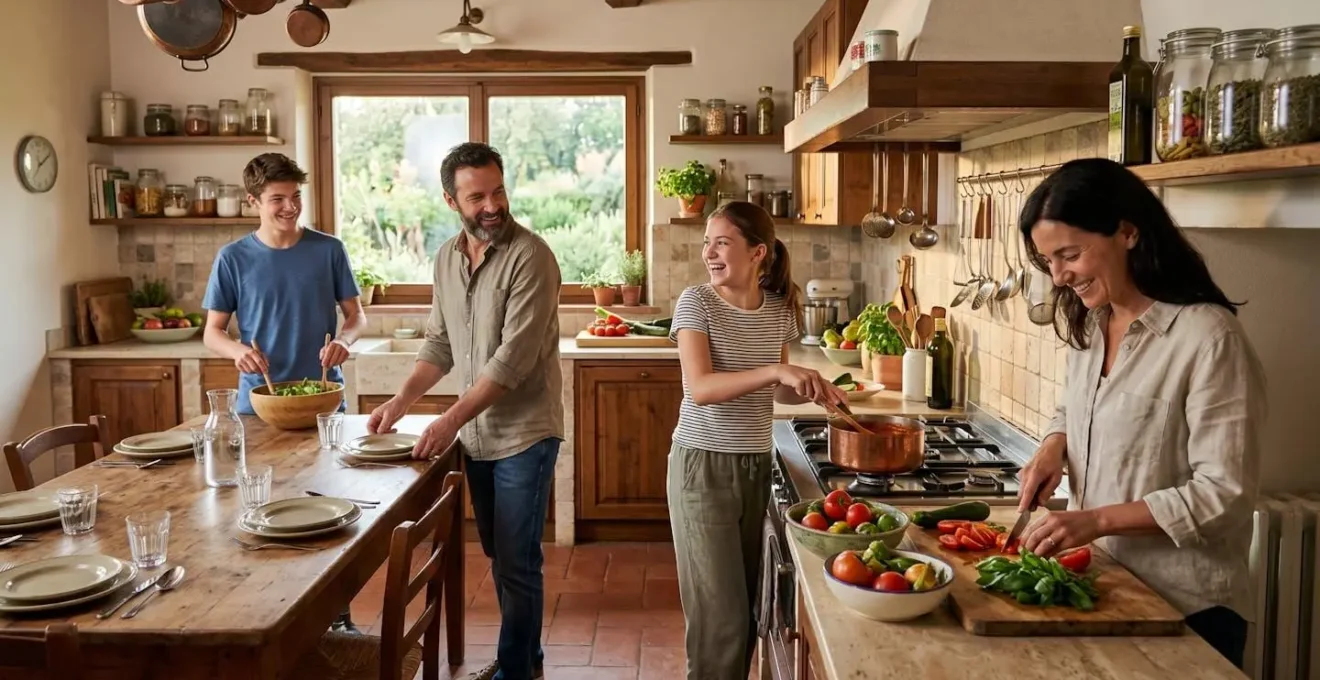 Famiglia che cucina insieme in cucina, adolescenti e genitori collaborano preparando il pasto