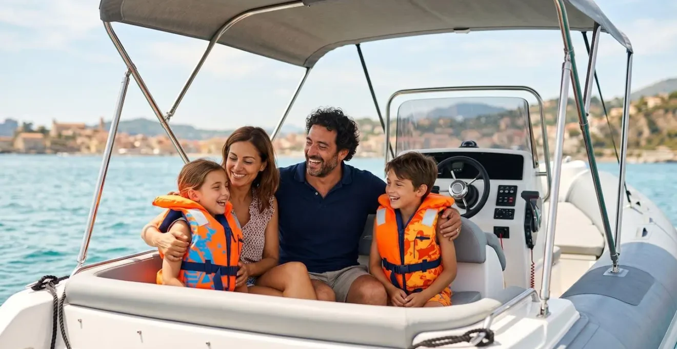 Famiglia con bambini su gommone moderno con tendalino e giubbotti salvagente colorati