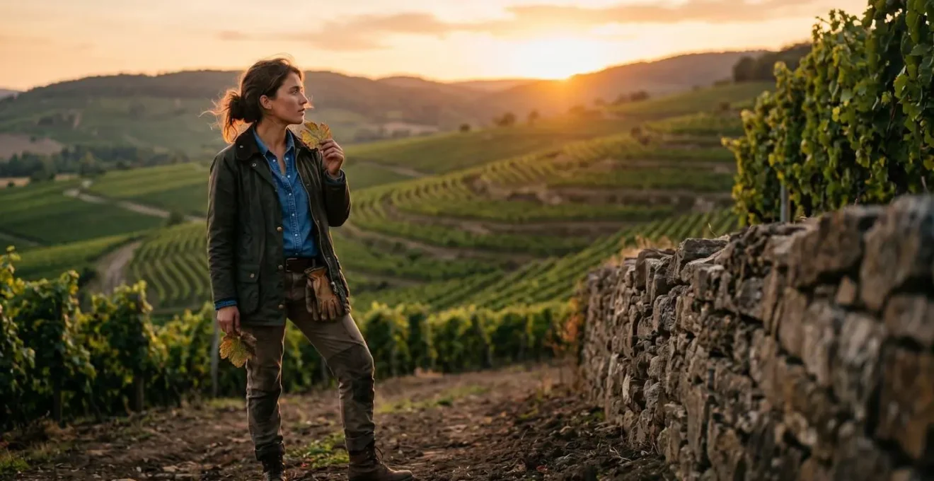 Giovane viticoltore che osserva i vigneti al tramonto, riflettendo sulla sua scelta imprenditoriale