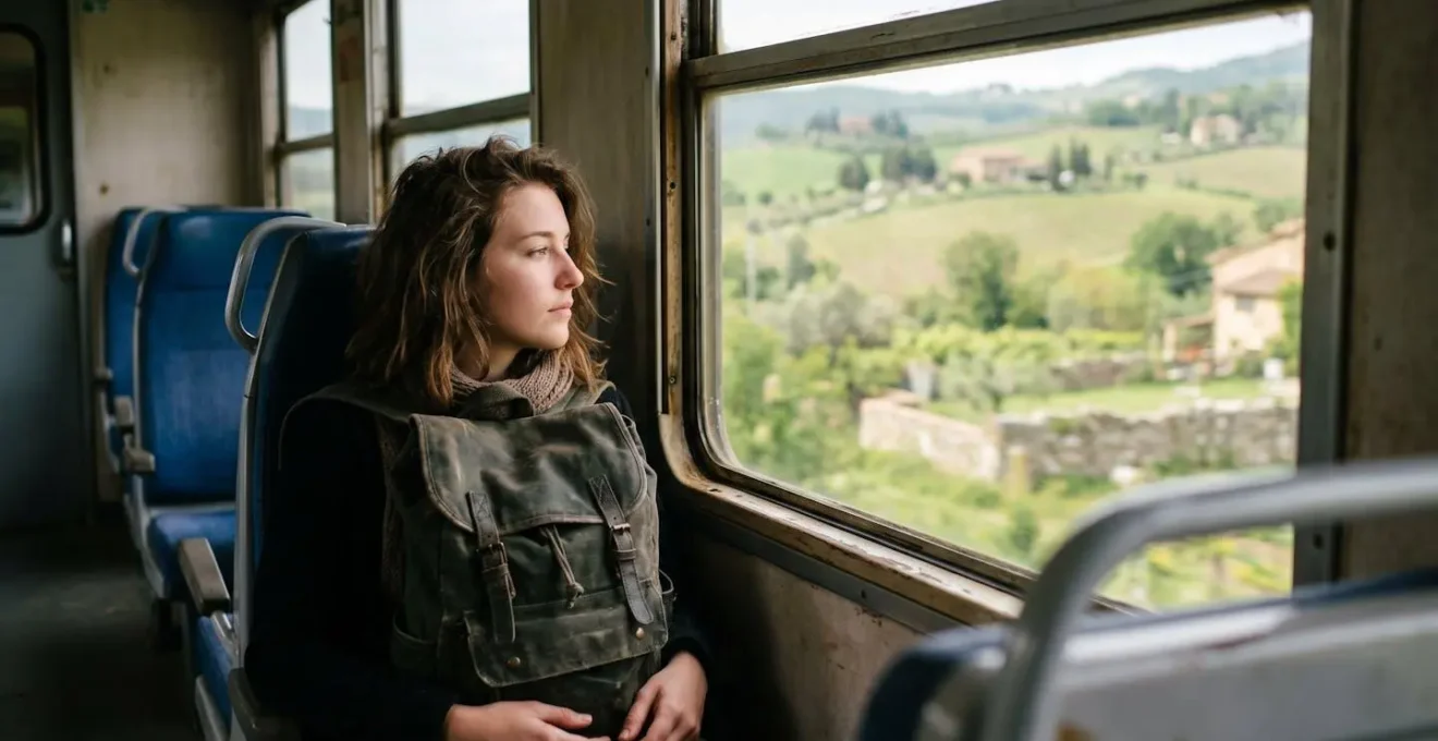 Viaggiatore con zaino su un treno regionale che guarda fuori dal finestrino verso paesaggi italiani